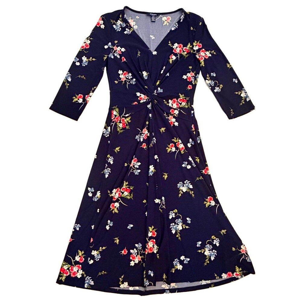 Chaps Navy Floral V-Neck Twist Front 3/4 Sleeve Fit & Flare Dress Sz S